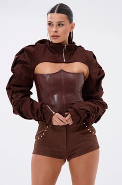 AKIRA Riley Stacked Faux Suede Bolero | Brown | Size Large