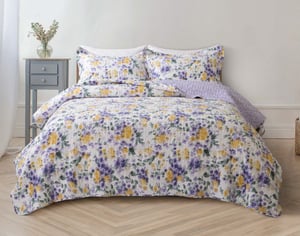 QE Home Keiley Cotton Quilt Set, Floral, Purple, Super King