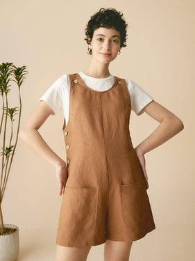 100% Linen U-Neck Short Jumpsuit KENDALL - Cinnamon Brown / M
