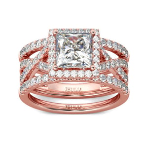 Jeulia 3PC Halo Princess Cut Sterling Silver Ring Set