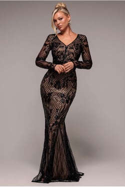 Goddiva Full Sleeve Sequin Evening Dress - Black