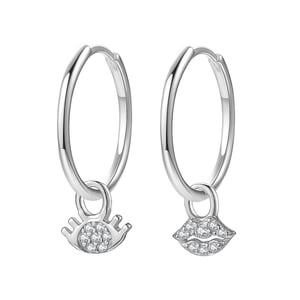 Eyes and Lips Charm Hoop Earrings Sterling Silver