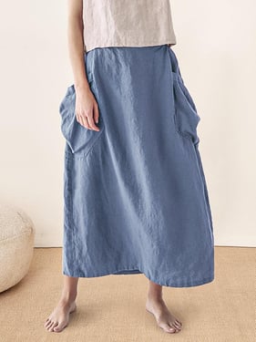 100% Linen Elastic Waist Skirt MARINA - Dusty Blue / XXL