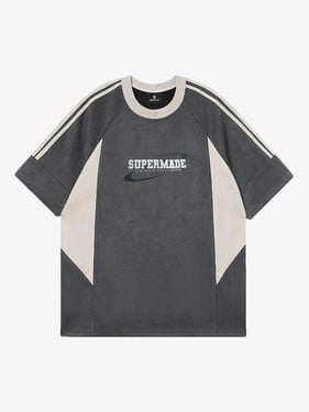 Suede Contrast Color Spliced Letter Embroidery Oversize T-shirt - 2462 - Grey / 2XL