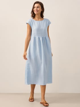 Linen Striped Cap Sleeve Washed Maxi Dress JOAN - Baby Blue / XXXL