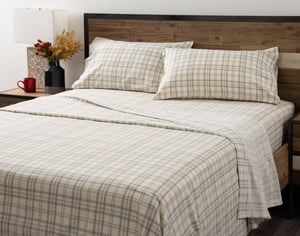 QE Home Organic Cotton Flannel Sheet Set in Cozy Check, Seasonal, GOTS Certified, Beige, King