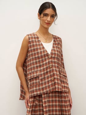 100% Linen V-Neck Checked Oversized Vest DORIS - Rustic Check / XXL
