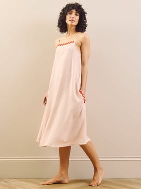 Womens Blush Pink with Red Contrast Trim Linen Blend Apron Midi Night Dress - 3XL / 22-24 / Pink
