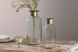 nkuku Chara Hammered Bottle | Vases & Planters | Large | Antique Brass & Clear Glass
