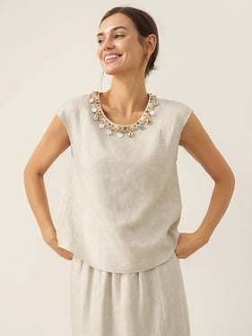 100% Linen Cap Sleeve Beaded Top BIANCA - Natural Linen / S