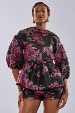 AKIRA Ethereal Brocade Short Sleeve Blouse | Pink | Size 1X