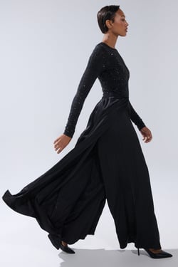 AKIRA Monaco Satin Mesh Jumpsuit With Rhinestones | Black | Size XL