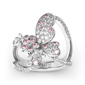 Jeulia Flower and Butterfly Sterling Silver Ring