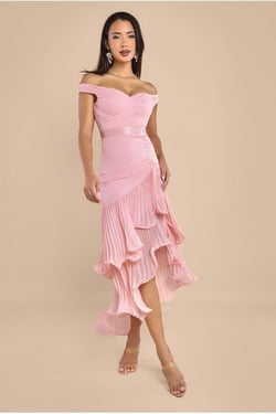 Goddiva Pleated Bardot High Low Tier Chiffon Midaxi Dress - Blush Pink
