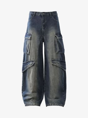 Heavy Washed Workwear Baggy Barrel Jeans - 2337 - Blue / 2XL