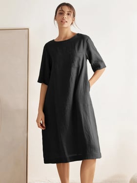 100% Linen Mid-Sleeve Maxi Dress GEORGINA - Charcoal Black / XXL