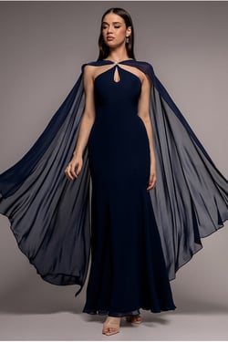 Goddiva Multiway Cape Chiffon With Embellished Trim Maxi Dress - Navy Blue