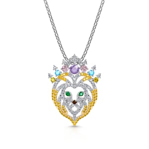 Jeulia "Take the Crown" Multi-color Lion Head Sterling Silver Necklace