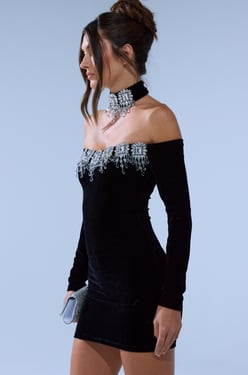 AKIRA Star Of The Night Rhinestone Mini Dress | Black | Size Medium