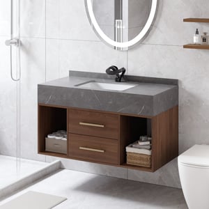 39.4" Floating Bathroom Vanity Walnut with Cultured Marble Vessel Sink with 2 Drawers