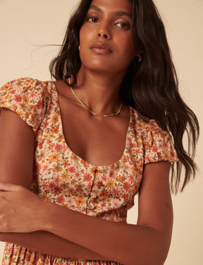 Orange Floral Puff Sleeve Cora Midi Dress