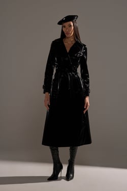 AKIRA Sando Liquid Velvet Trench Coat | Black | Size 3X