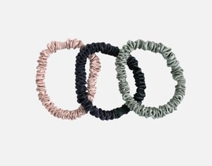 QE Home 100% Mulberry Silk Skinny Scrunchies in Black, Frosted Berry, Mistywoods (Set of 3)