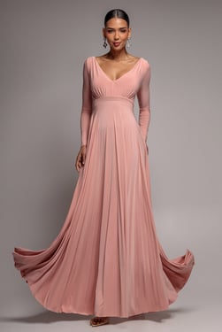 Goddiva Plunge Neck Long Sleeve A Line Maxi Dress - Blush Pink