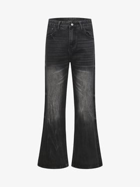 Retro Washed Faded Flared Jeans - Black / 2XL