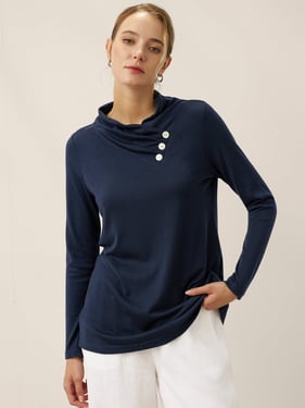 Cashmere Asymmetric Cowl Neck Stretch Top TATIANA - Navy Blue / XXL