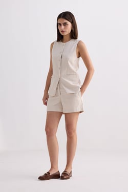Cotton Tweed Vest Jacket Set in Cream - Chestnut Twist / XS