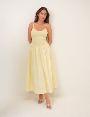 Butter Yellow Shirred Drop Waist Daisy Midi Dress
