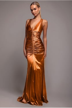 Goddiva Multi-Tied Satin Gathered Ring Maxi Dress - Bronze