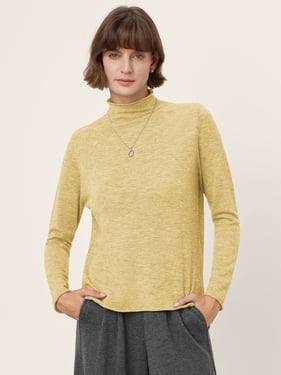 100% Extra-Fine Merino Wool Mock Neck Sweater with Rolled Edge ELA - Lime Yellow / L