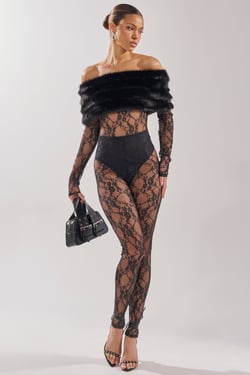 AKIRA Lace N Fur Sleeveless Jumpsuit | Black | Size XL