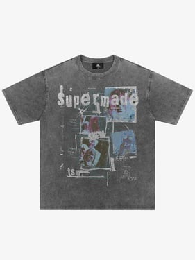 Washed Vintage Collage Graphic T-Shirt - Wash Water Ash / 2XL