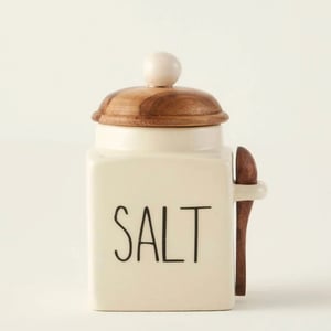 Salt Ceramic Jar With Acacia Lid & Spoon