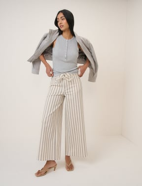 Ecru Striped Cropped Wide Jeans