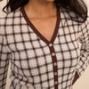 Brown and Blue V-Neck Jacquard Check Cardigan