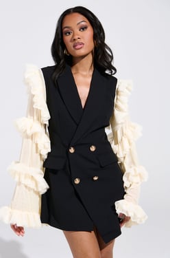 AKIRA Living Over The Top Ruffle Sleeve Blazer Mini Dress | Black | Size Medium
