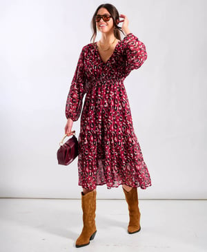Red Leopard Tiered Chiffon Midi Dress - 16