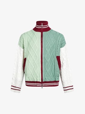 Retro Contrast Color High Neck Knitted Cardigan Sweater - Green / 2XL