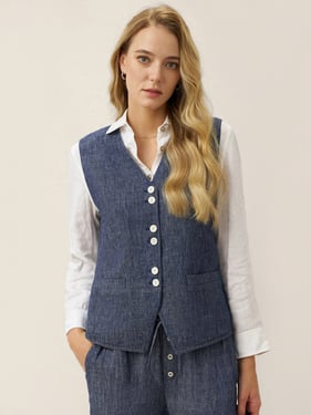 100% Linen Reversible Denim Texture Button Front Vest HARPER - Indigo Denim / XXL