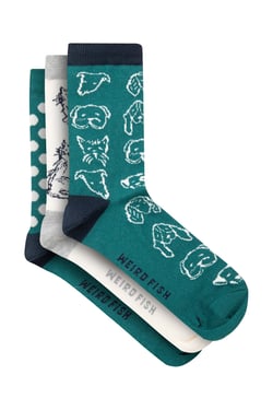 Weird Fish Parade Patterned Socks 3 Pack Deep Teal Size 4-7