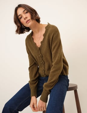 Khaki Crochet Trim V-Neck Elodie Cardigan