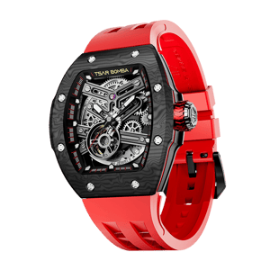 TSAR BOMBA Men's Automatic Skeleton Watch | Interchangeable Luxury Design | Black Red | Atomic TB8218 | Carbon Fiber