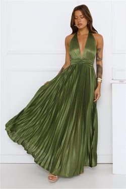 Shimmering Sea Pleated Halter Maxi Dress Olive
