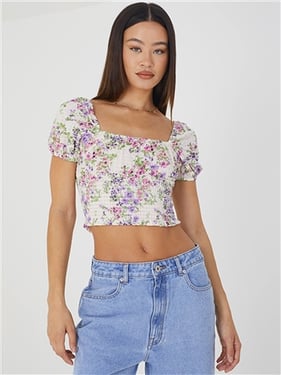 Brave Soul Puff Sleeve Top - White Floral - XS