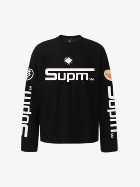 Textured Waffle SUPM Letter Graphic Long Sleeve T-Shirt - 2600 - Black / 3XL