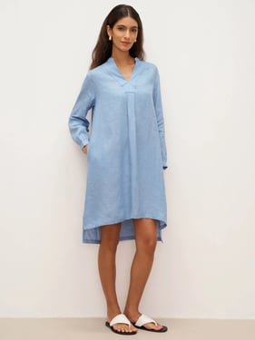 100% Linen V-Neck Pullover Shirt Dress JADEN - Powder Blue / XL